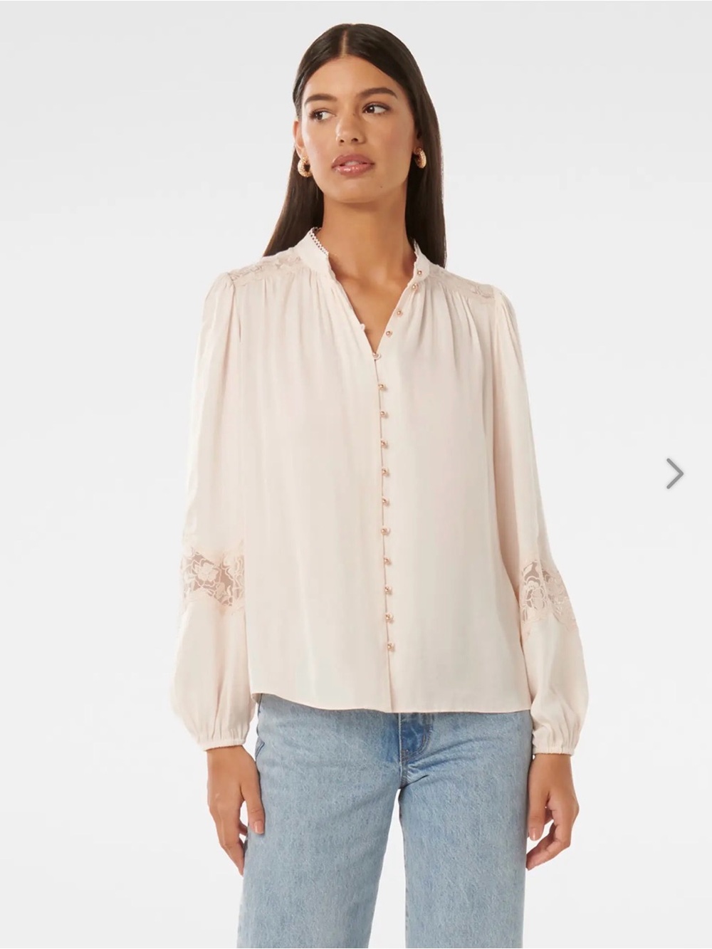 NWOT Women's Cream Lace-Trim Button Front Blouse